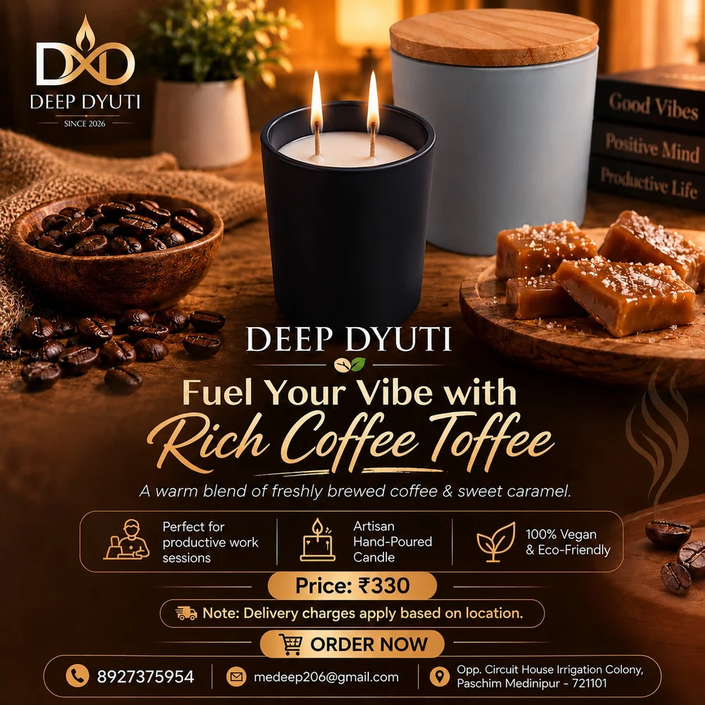 Rich Coffee Toffee candle styled with roasted coffee beans and dark wooden textures